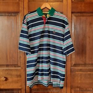 Vintage 90s Tommy Hilfiger navy blue preppy striped short sleeve polo shirt M